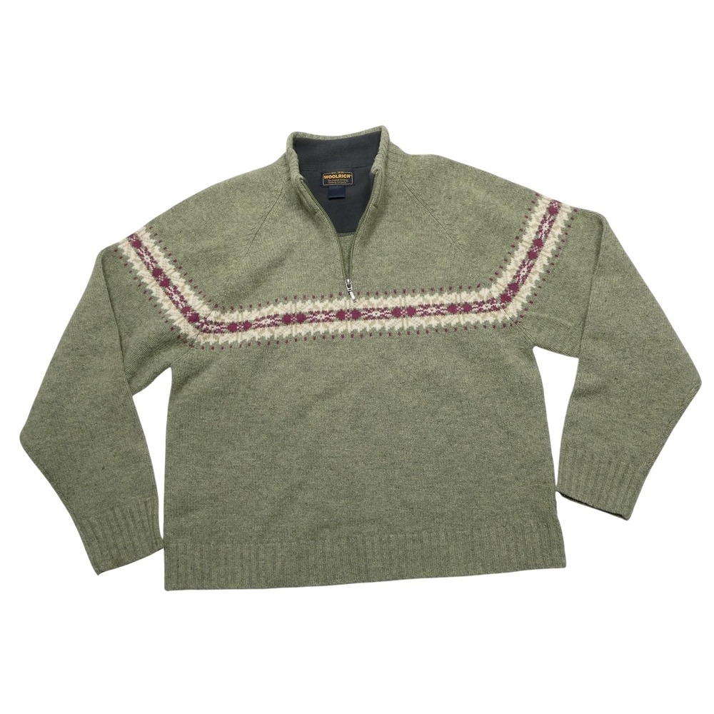 Woolrich Sweater Womens Large Green Lambswool Mock Neck 1/4 Zip Fair Isle Ski